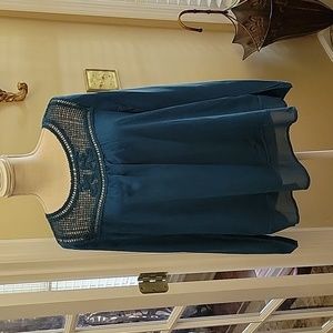 Kori America teal top crocheted neckline long sleeve sheer hemline button M NEW…